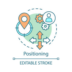 Positioning concept icon. Pinned geolocation icon idea thin line illustration. Gps technology, route searching vector isolated outline drawing. Tracking, geo position. Editable stroke