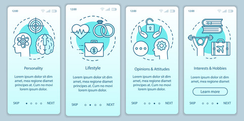 Psychographics targeting turquoise gradient onboarding mobile app page screen vector template. Walkthrough website steps with linear illustrations. UX, UI, GUI smartphone interface concept