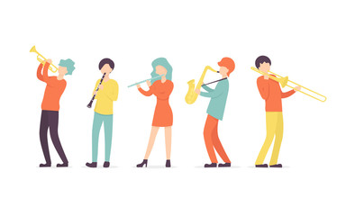 Fototapeta premium Flat vector set in a flat style of group of musicians, playing clarinet, saxophone, trumpet, flute, trombone instrument. Character collection.
