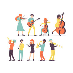 Big flat vector set group of musicians, stringed instruments: violin, contrabass, cello and guitar. Brass and woodwind instruments clarinet, saxophone, trumpet, flute, trombone, . © Natty Blissful