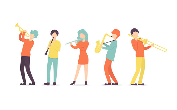 Flat vector set in a flat style of group of musicians, playing clarinet, saxophone, trumpet, flute, trombone instrument. Character collection.
