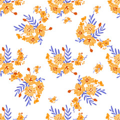 Bright trendy modern seamless pattern. Orange - blue fantastic flowers