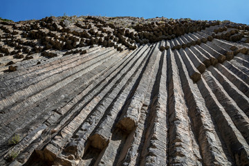 A scenic view of the basalt columns, grottoes, rock and lava formations. Basalt Formation , Garni gorge , Symphony of the Stones, Basalt column formations , Armenia Garni.