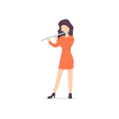 Young woman plays the flute music. Flat vector illustration. 