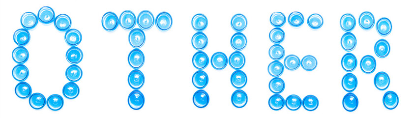 Sign designation blue plastic jars on a white background the word OTHER, High density polyethylene, isolate, recycling code