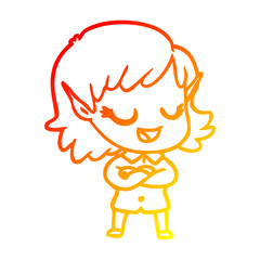 warm gradient line drawing happy cartoon elf girl