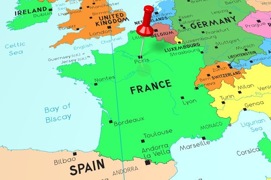 France, Paris - capital city, pinned on political map