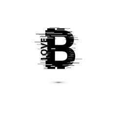 Black bitcoin sign in glitch style on white background. Internet money digital vector illustration. Interference effect for image