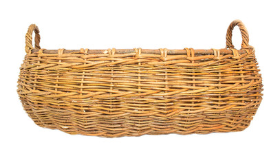Large two-hand wicker basket made of wicker on a white background, isolate