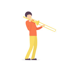 Young guy plays the trombone jazz music. Flat vector illustration. 