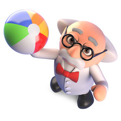 Busy mad scientist professor relaxes with a beach ball, 3d illustration