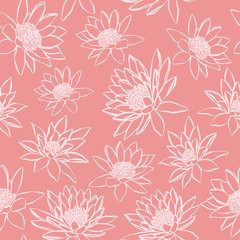 Fototapeta na wymiar Vector floral seamless pattern of lotus, sketchy hand drawn illustration of pink waterlily. Feminine design for fabric, decor and scrapbooking.