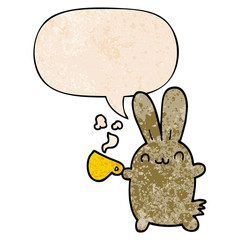 cute cartoon rabbit drinking coffee and speech bubble in retro texture style