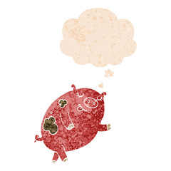 cartoon dancing pig and thought bubble in retro textured style
