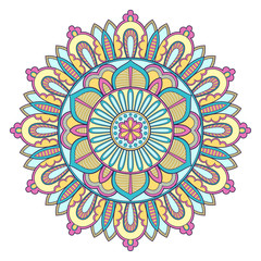 Fototapeta na wymiar Decorative colorful ethnic mandala pattern. Design element for greeting card, banner or poster in oriental style. Hand drawn illustration