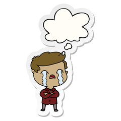 cartoon man crying and thought bubble as a printed sticker