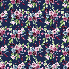 Seamless floral pattern with watercolor flowers pink and violet roses, leaves. Repeating fabric wallpaper print texture. Background perfectly for wrapped paper, backdrop. Hand paint. 
