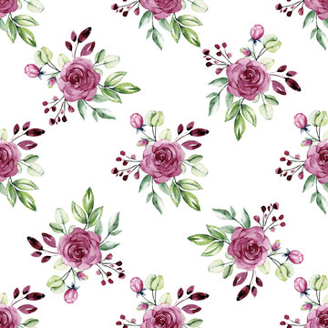 Seamless floral pattern with watercolor flowers pink and violet roses, leaves. Repeating fabric wallpaper print texture. Background perfectly for wrapped paper, backdrop. Hand paint. © Larisa