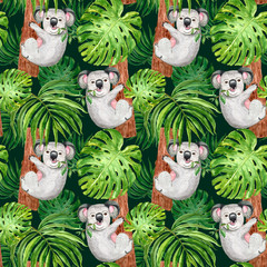 Watercolor trendy tropical pattern with hand painted koala, palm and monstera leaf on dark green background. Summer botanical print, exotic animal. © Anna Nekotangerine