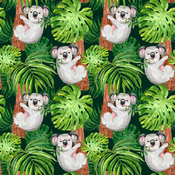 Watercolor trendy tropical pattern with hand painted koala, palm and monstera leaf on dark green background. Summer botanical print, exotic animal.