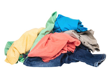 Pile of clothes isolated. Stack of colorful dirty clothes ready for the laundry isolated on a white background.