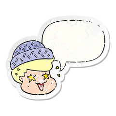 cartoon boy wearing hat and speech bubble distressed sticker