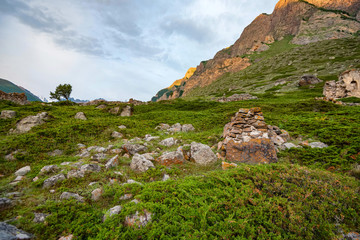 View of ruins of medieval tombs in City of Dead near Eltyulbyu, Russia