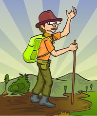 traveler cartoon illustration walking and holding stick with rural background