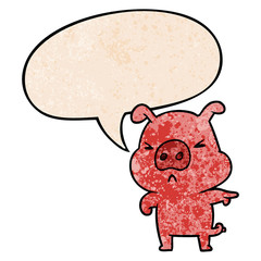 cartoon angry pig pointing and speech bubble in retro texture style
