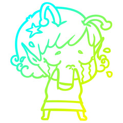 cold gradient line drawing cartoon crying alien girl