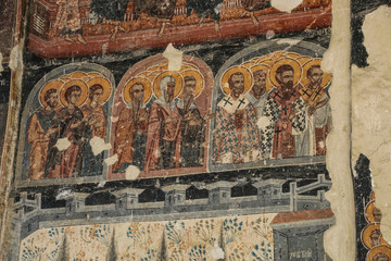 Fototapeta na wymiar Fresco on the wall of the chapel in Krusedol Monastery in Fruska Gora National Park