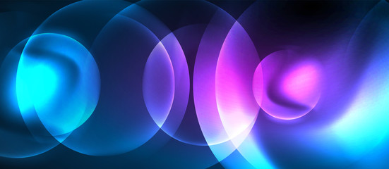 Blue neon bubbles and circles abstract background, futuristic magic techno design