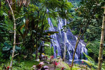 Banyumala waterfall  with cascades among the green tropical trees and plants in the North of the island of Bali, Indonesia