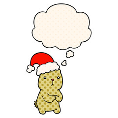 cartoon christmas bear worrying and thought bubble in comic book style