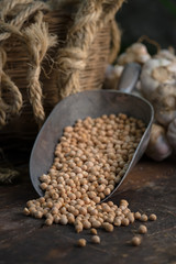 Chickpeas on the wooden table