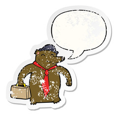 cartoon business bear and speech bubble distressed sticker