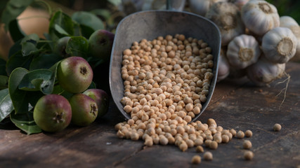 Chickpeas on the wooden table