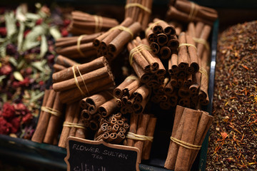 Bark of Cinnamomum verum on counter of bazaar