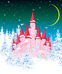 Princess castle winter night. Cartoon pink castle on the background of winter snow-covered forest. Winter landscape with a pink castle in the woods, snow, night, moon
