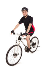 Obraz na płótnie Canvas Full length portrait of an Asian man rides a bicycle and smiles at camera, isolated over white background