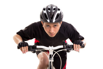 Bicycle racer riding his bike with serious lookx, close up shot isolated on white background