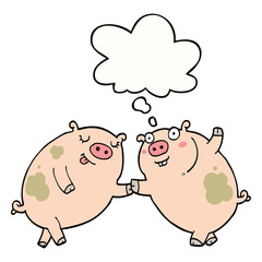 cartoon pigs dancing and thought bubble
