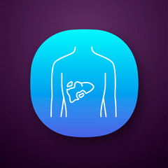 Ill liver app icon. Hepatitis, cirrhosis. Sore human organ. Unhealthy digestive gland. Gastrointestinal tract. UI/UX user interface. Web or mobile application. Vector isolated illustration