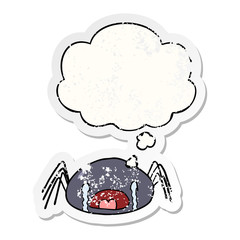 cartoon crying spider and thought bubble as a distressed worn sticker