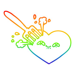 rainbow gradient line drawing cartoon love heart stuck with fork