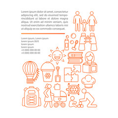 Family time article page vector template. Kids games. Balloon trip. Brochure, magazine, booklet design element, linear icons and text boxes. Print design. Concept illustrations with text space