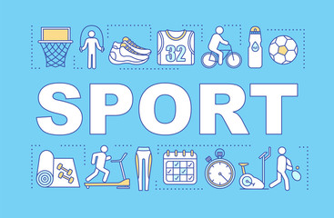 Fototapeta premium Sport word concepts banner. Family activities. Community gym space. Play basketball, soccer. Presentation, website. Isolated lettering typography idea with linear icons. Vector outline illustration