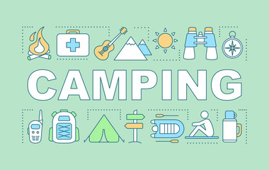 Camping word concepts banner. Family time together. Hiking. Overnight staying in tent. Presentation, website. Isolated lettering typography idea, linear icons. Vector outline illustration