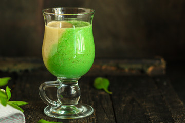 Smoothies, banana, avocado, chia seeds and more are healthy food concept. food background. top view