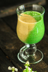 Smoothies, banana, avocado, chia seeds and more are healthy food concept. food background. top view